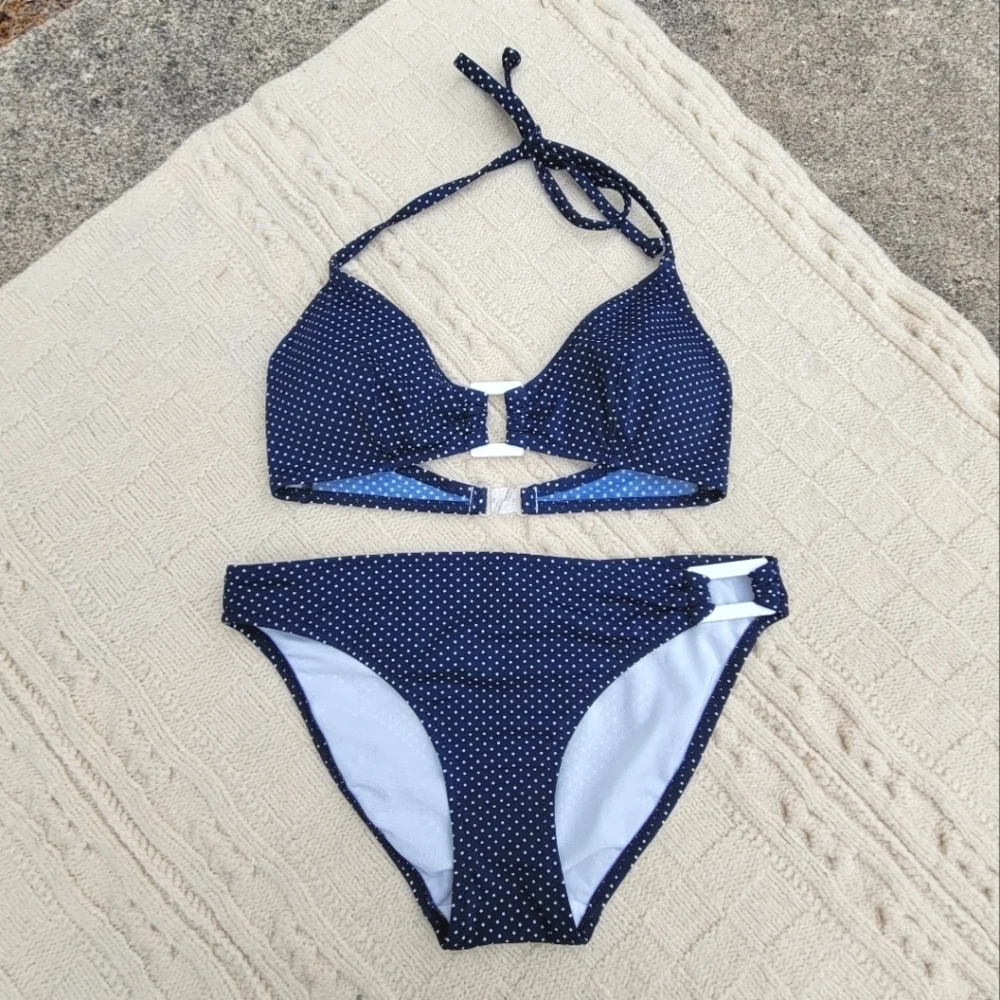 NWT Marie Melli Retro Polka Dot Print Bikini size S Navy White